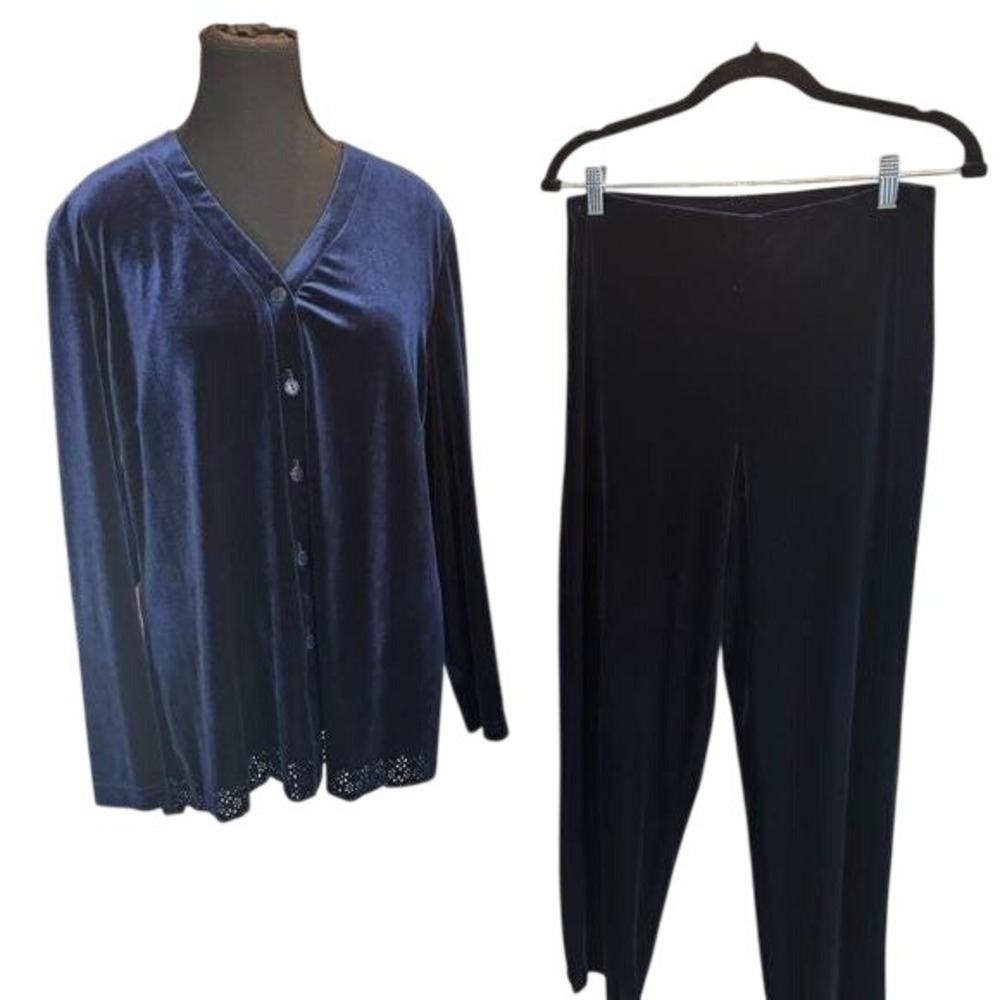 Proportion Petite Cleo Navy Blue Velvet Vintage Cardigan & Pants Set Small P